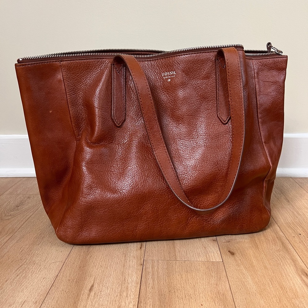 Fossil Brown Leather Zip Tote Bag